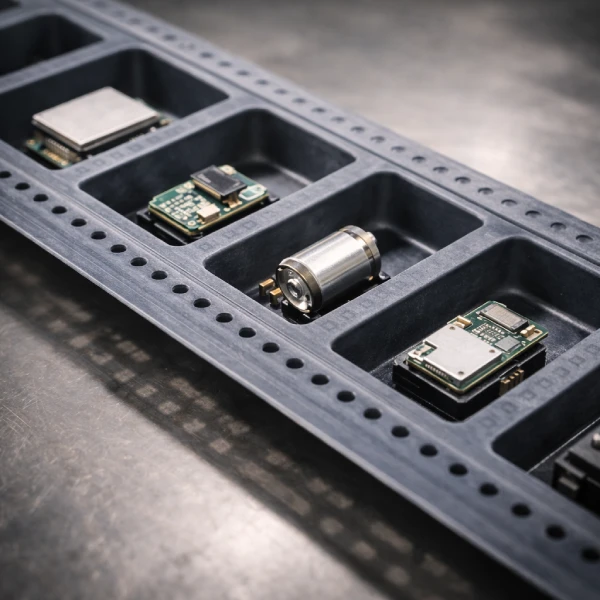 Functional electronic modules and special SMD parts secured in deep embossed carrier tape pockets for stable SMT feeding