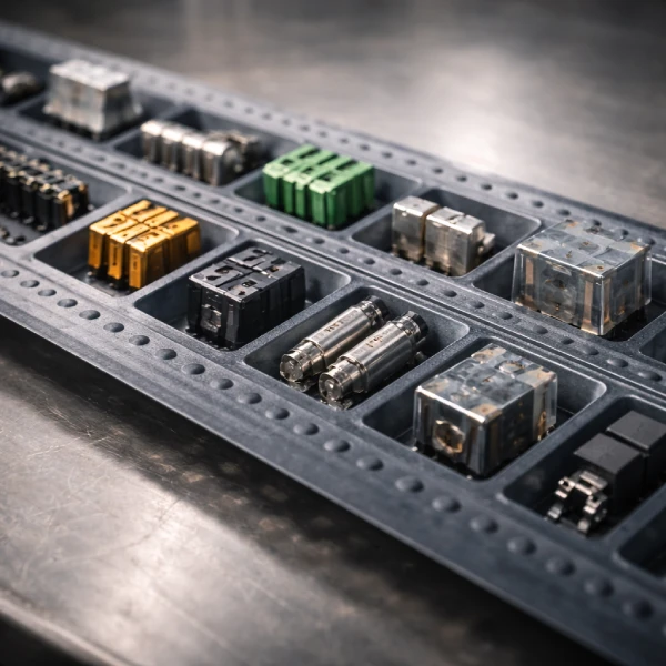 Angled close-up of interconnection and protection components packaged in embossed carrier tape pockets for SMT feeding