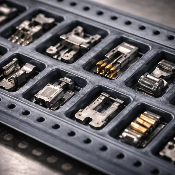 Macro close-up of precision stamped metal parts and spring contacts placed in custom embossed carrier tape pockets