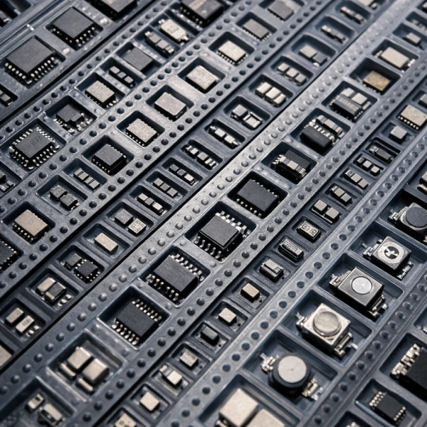 Top-down view of embossed carrier tape holding dense semiconductor and passive SMD components in uniform pockets