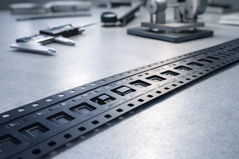 Embossed carrier tape design validation showing pocket geometry and component fit for SMT feeding preparation