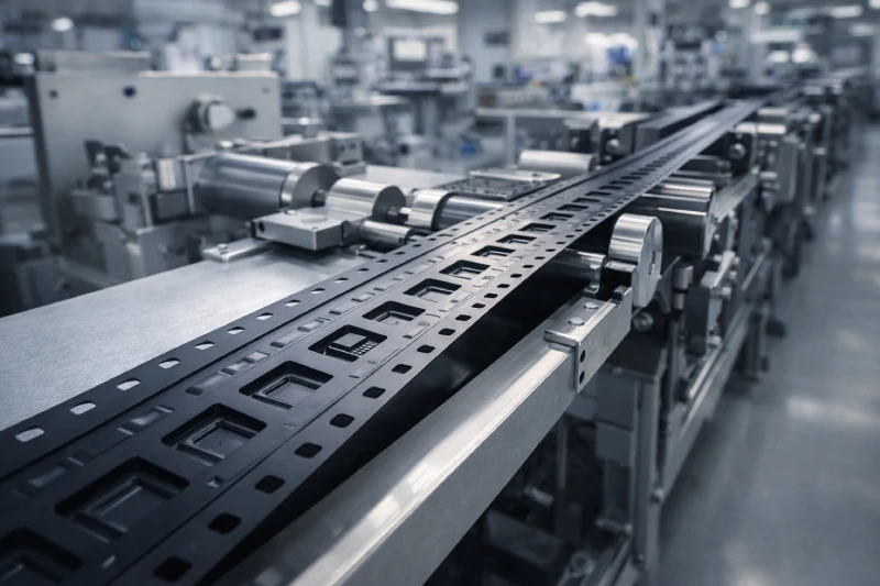 Embossed carrier tape manufacturing process showing consistent pocket spacing and controlled SMT production flow