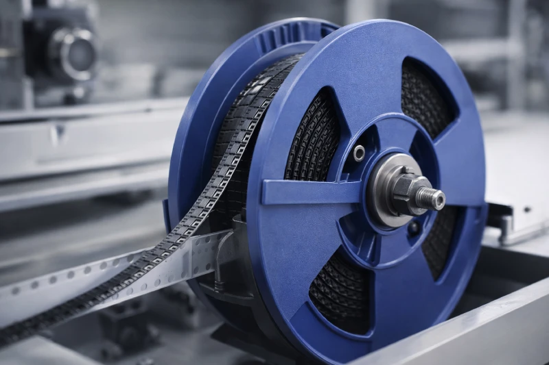 Custom plastic reel prototype loaded with embossed carrier tape during winding and functional validation, showing stable hub alignment and flange support in an SMT engineering test setup