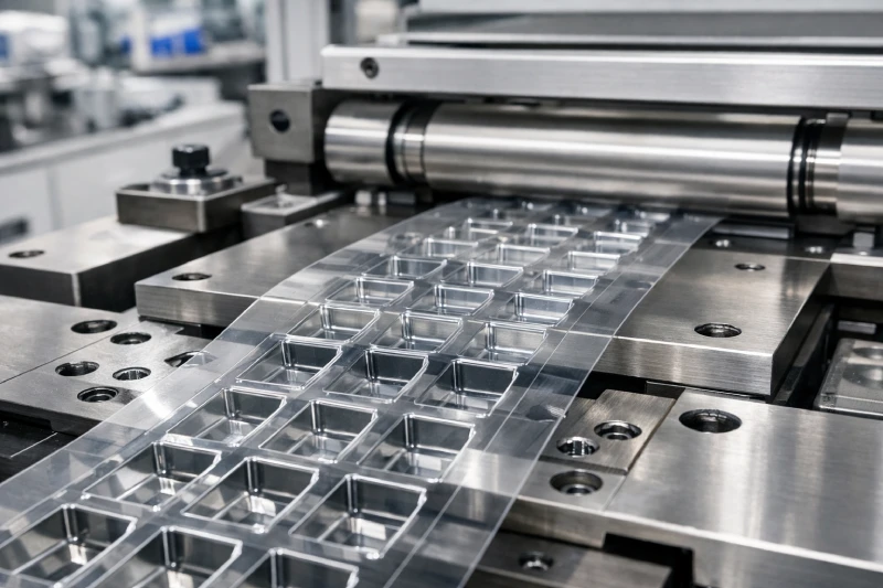 Precision embossed carrier tape forming process showing tooling accuracy and pocket consistency