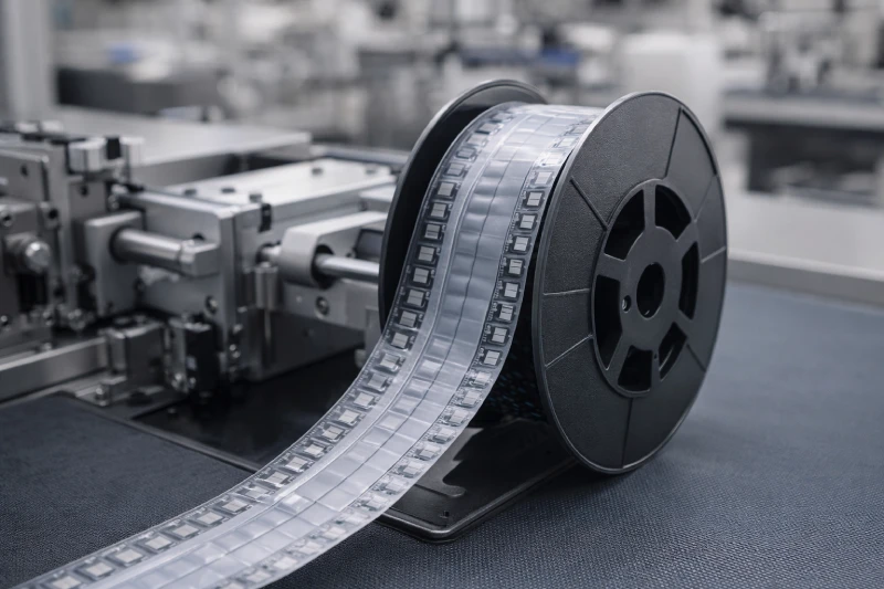 Anti-static plastic reel used in an ESD-controlled SMT packaging workstation with embossed carrier tape and sealed cover tape.