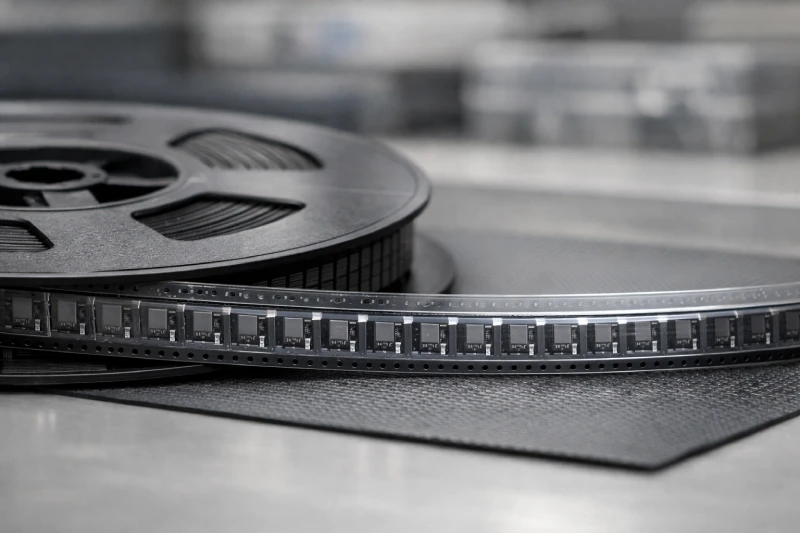 ESD-aware tape-and-reel packaging system showing anti-static plastic reel, embossed carrier tape with electronic components, and sealed cover tape in SMT production.