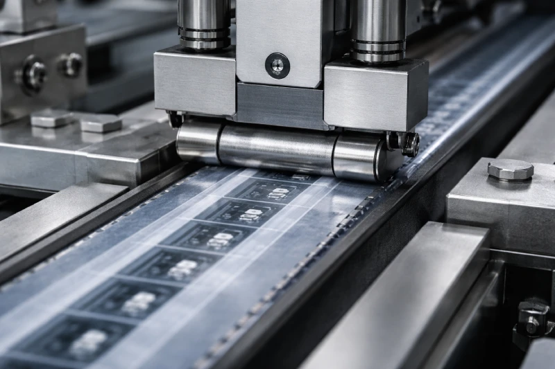Heat activated cover tape sealing structure showing pressure-based bonding onto embossed carrier tape during continuous SMT reel-to-reel packaging