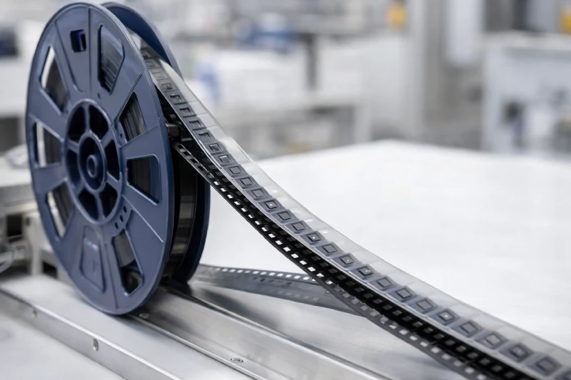 Plastic reel integrated with embossed carrier tape and cover tape, showing stable handling and system compatibility in tape-and-reel packaging