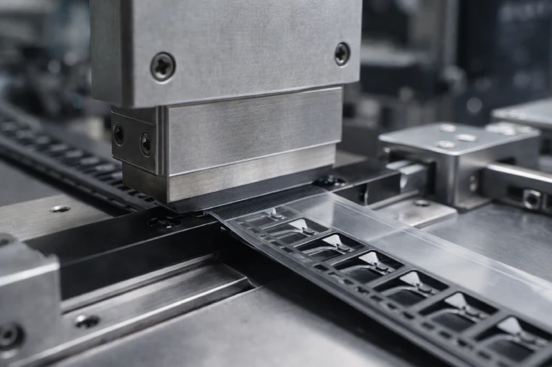 Pressure sensitive cover tape being sealed onto embossed carrier tape using controlled heat and pressure in an SMT tape-and-reel packaging process