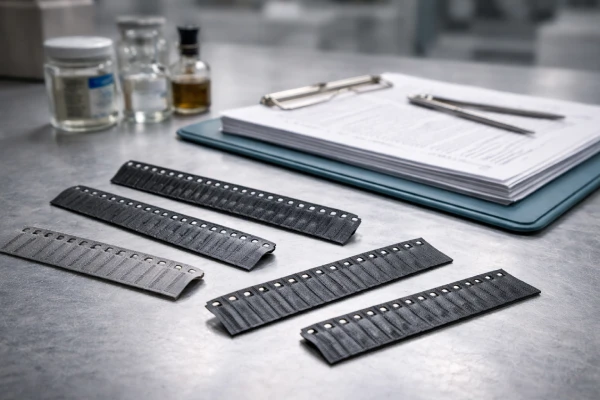 REACH SVHC material compliance verification scene showing carrier tape sample strips in a laboratory inspection environment