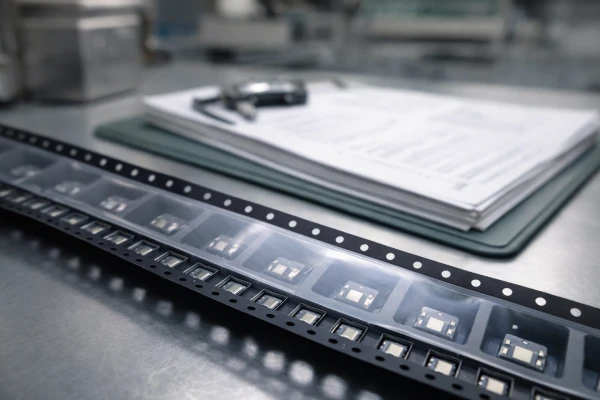RoHS 2.0 compliance testing scene showing embossed carrier tape and cover tape materials used for SMT electronic component packaging