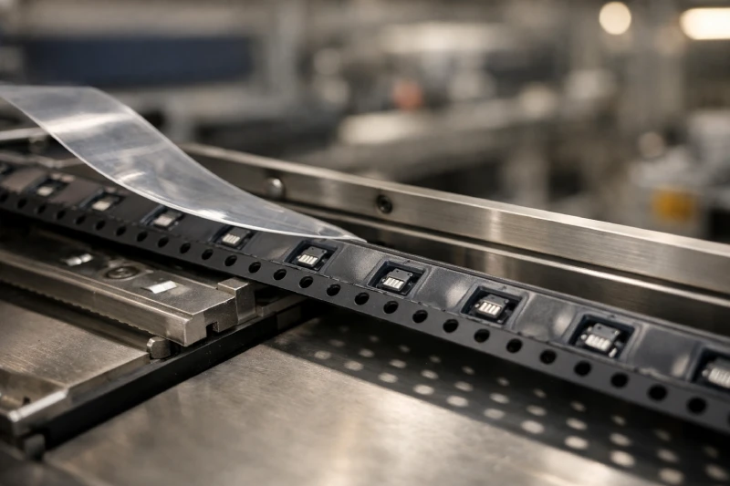 Embossed anti-static carrier tape running through SMT feeder track with aligned pockets and semiconductor components during high-speed assembly process