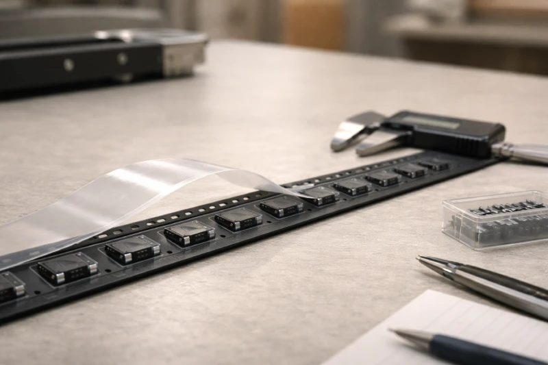 Carrier tape evaluation setup with components on an engineering workbench