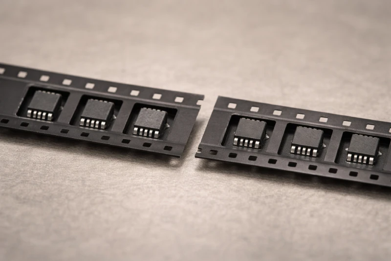 Close-up comparison of carrier tape pocket dimensions showing stable and slightly off-center electronic components