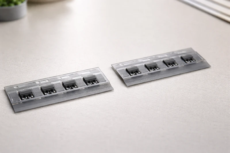 Carrier tape sections showing stable and slightly tilted electronic components inside embossed pockets during inspection