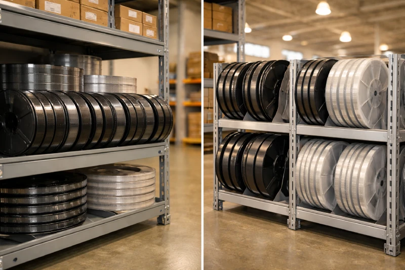 Carrier tape reels stored horizontally and vertically on warehouse shelving to compare storage orientation stability