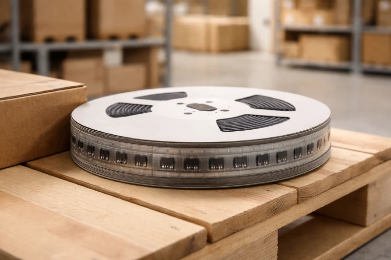 仓储物流环境中放置在木托盘上的电子元件carrier tape卷盘