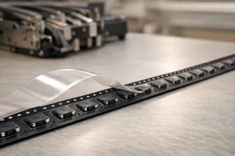 Embossed carrier tape with SMT components on an engineering workbench