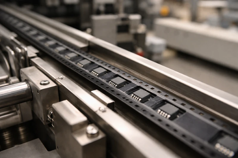 Carrier tape running through SMT feeder track with electronic components during production validation