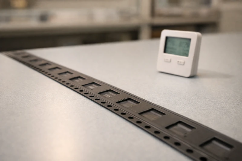 Carrier tape strip on laboratory workbench with temperature and humidity meter for storage condition inspection