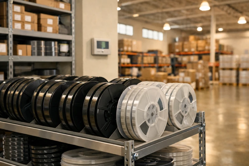 Carrier tape reels stored on metal shelving inside a clean electronics warehouse with controlled environment monitoring