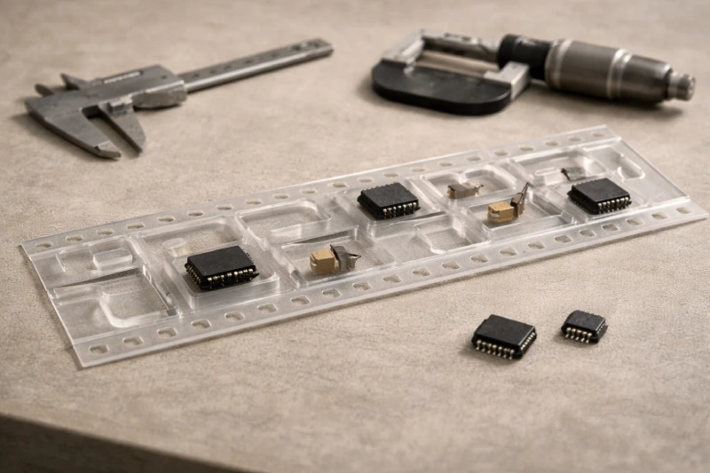 工程检验过程中，对定制载带口袋几何结构的评估，展示元件的贴合度、方向和间隙
