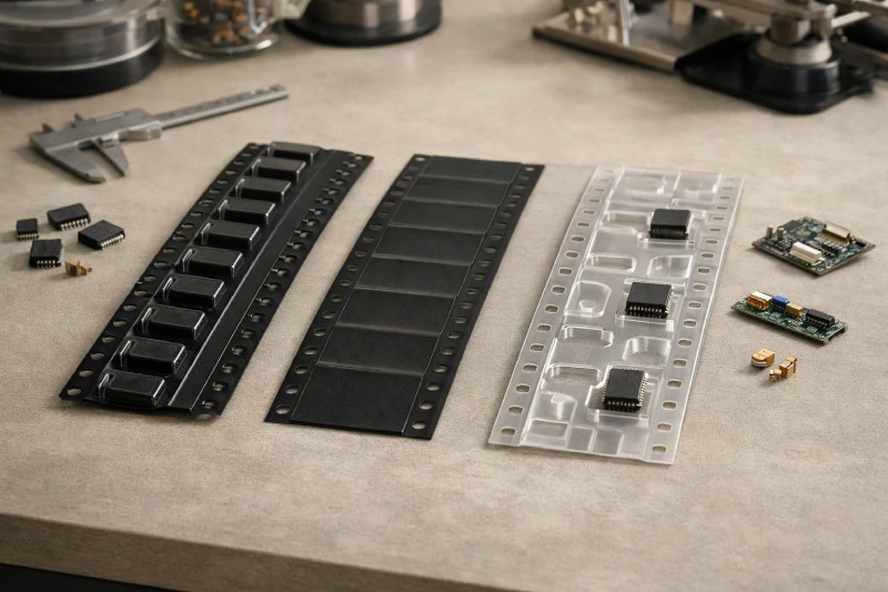 Engineering comparison of embossed, anti-static, and custom carrier tape samples used for SMT component packaging and feeding evaluation