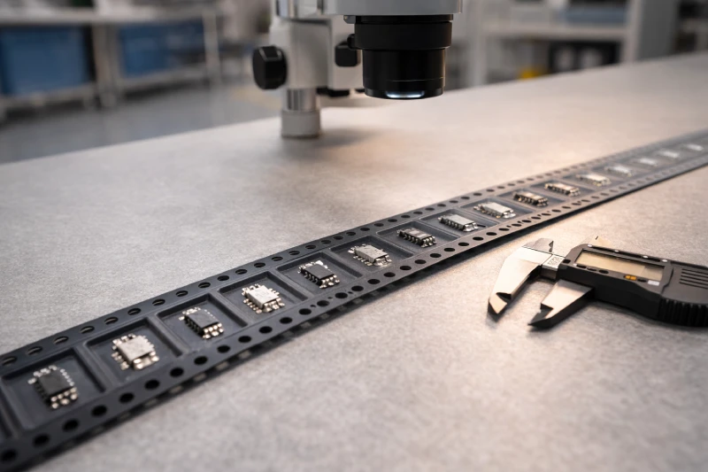 Embossed carrier tape with aligned sprocket holes and consecutive pockets inspected under a precision microscope on an SMT laboratory workbench.