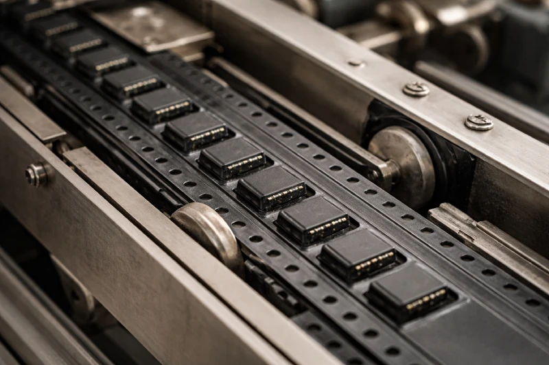 SMT供料器中运行的压纹载带，元件在成型口袋中保持一致就位
