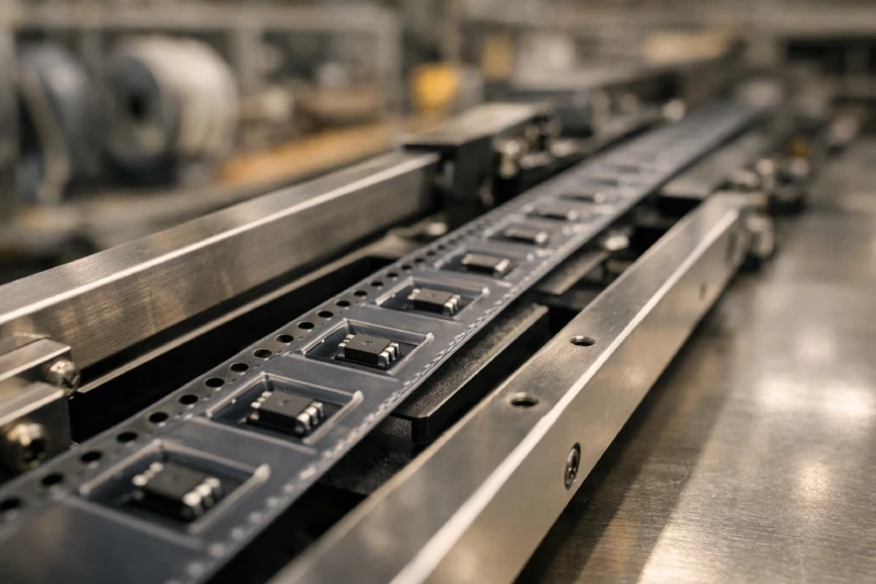 High-strength embossed carrier tape running smoothly through SMT feeder system with aligned sprocket holes and stable pocket geometry