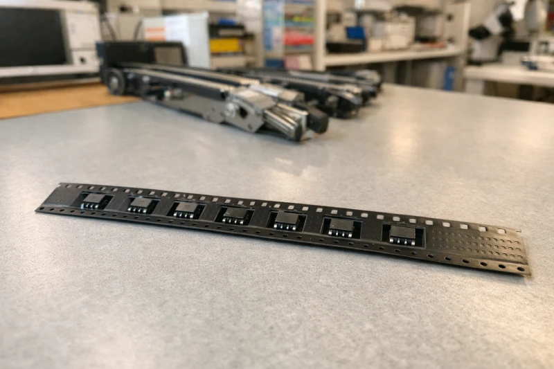 Embossed carrier tape with semiconductor components aligned on an engineering table, illustrating packaging stability in SMT environments.
