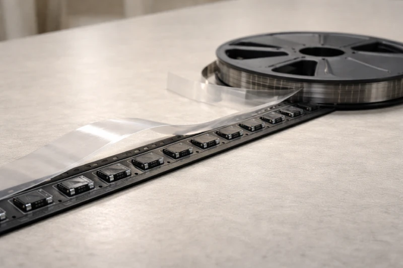 Tape and reel packaging system showing carrier tape and cover tape