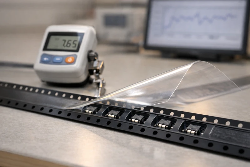 เทปคาร์ริเออร์แบบขึ้นรูปอยู่ระหว่างการทดสอบแรงลอกด้วยเครื่องวัดแรงดึงดิจิทัลในสภาพแวดล้อมห้องปฏิบัติการตรวจสอบความถูกต้อง SMT