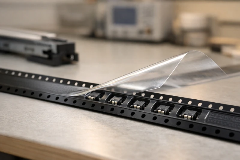 Embossed carrier tape with cover tape partially peeled back, showing electronic components inside pockets in an SMT validation environment