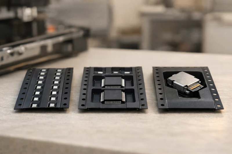 Different electronic components placed in carrier tape pockets with varied structures to illustrate application strategy in SMT packaging