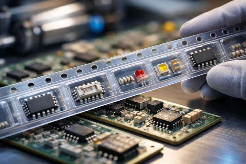 Linh kiện điện tử được sắp xếp trong các hốc của băng đóng gói linh kiện cho đóng gói SMT