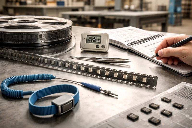 kỹ sư đánh giá bao bì băng carrier về khả năng chống ẩm và bảo vệ ESD