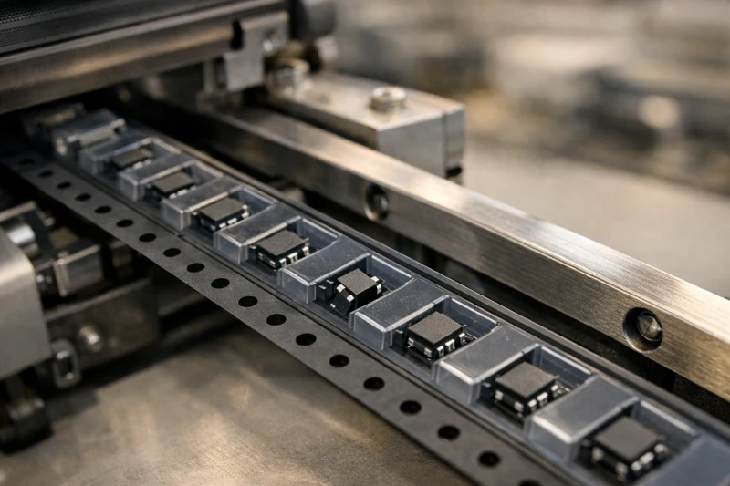 Embossed carrier tape running through SMT feeder with slight component rotation inside pocket