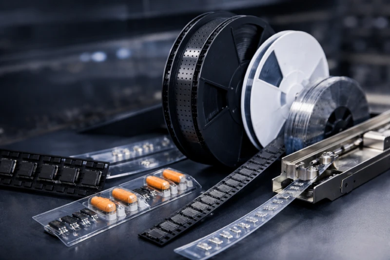 Carrier tape loaded with ICs and electronic components for SMT packaging