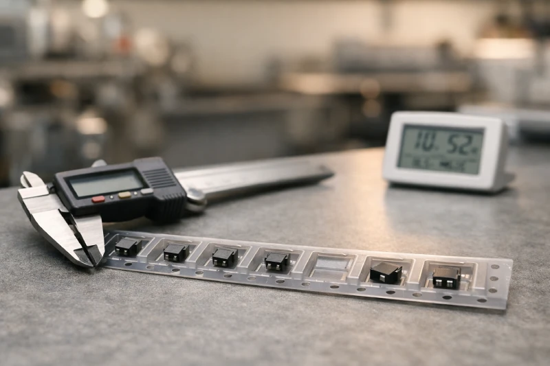 Embossed carrier tape under dimensional inspection in controlled humidity SMT production environment