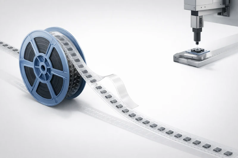 quy trình cấp liệu cuộn carrier tape trong lắp ráp SMT hiển thị việc tháo băng và gắp đặt linh kiện
