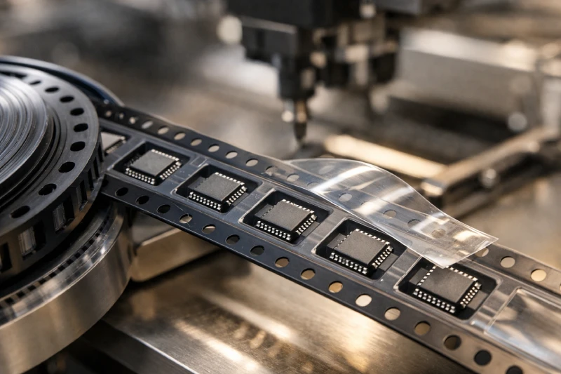 chip carrier tape used in SMT semiconductor packaging with IC components