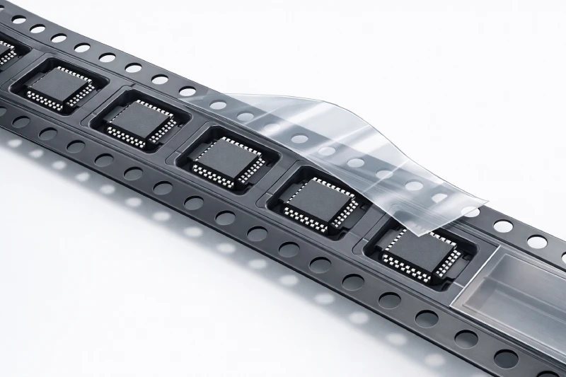 structure of chip carrier tape showing pockets sprocket holes and cover tape