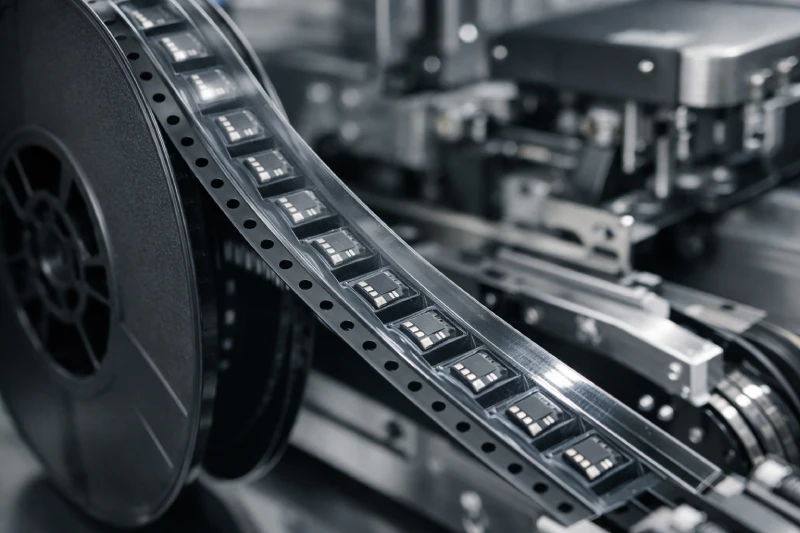 conductive carrier tape and cover tape in SMT tape and reel packaging system