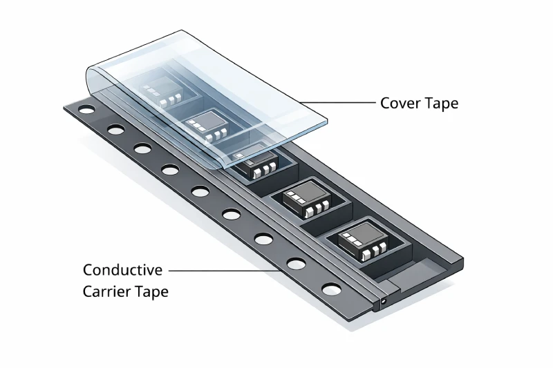 conductive carrier tape and cover tape structure diagram with component pockets