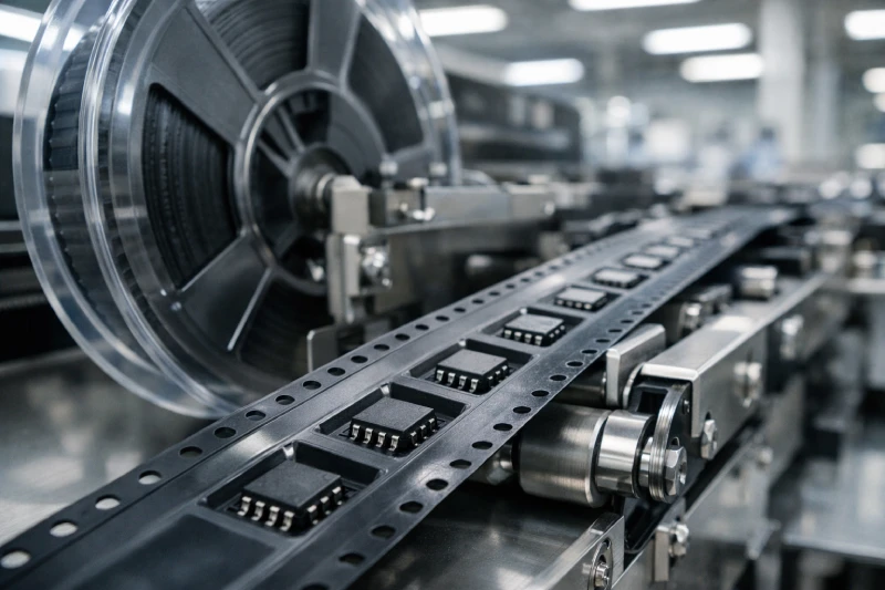 conductive carrier tape in SMT production line with IC components ESD safe packaging