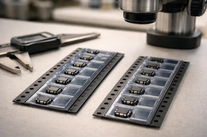 Two embossed carrier tape sections showing centered and slightly misaligned components during inspection