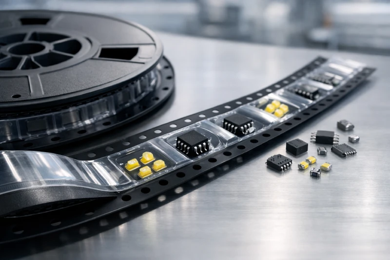 formed carrier tape packaging with reel and electronic components for SMT assembly