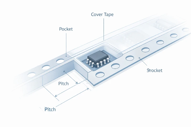 schéma de structure de bande porte-composants thermoformée montrant les alvéoles, les trous d’entraînement et la bande de couverture