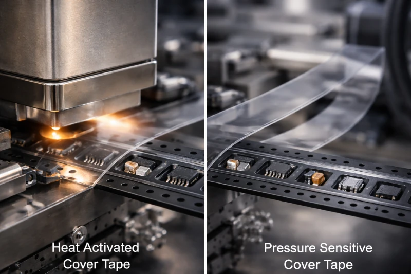 Comparison of heat activated and pressure sensitive SMT cover tape for tape and reel packaging